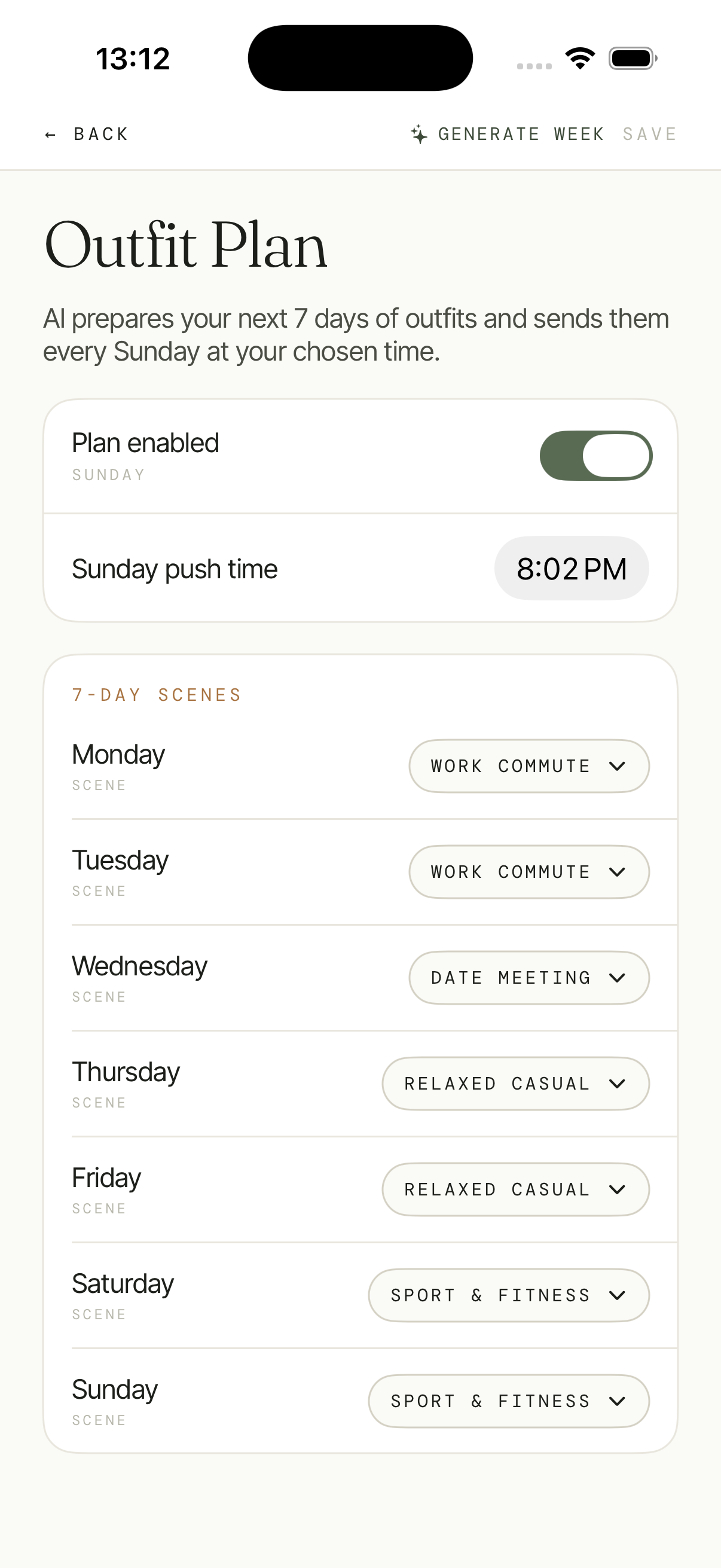 JENNIA weekly outfit plan screen